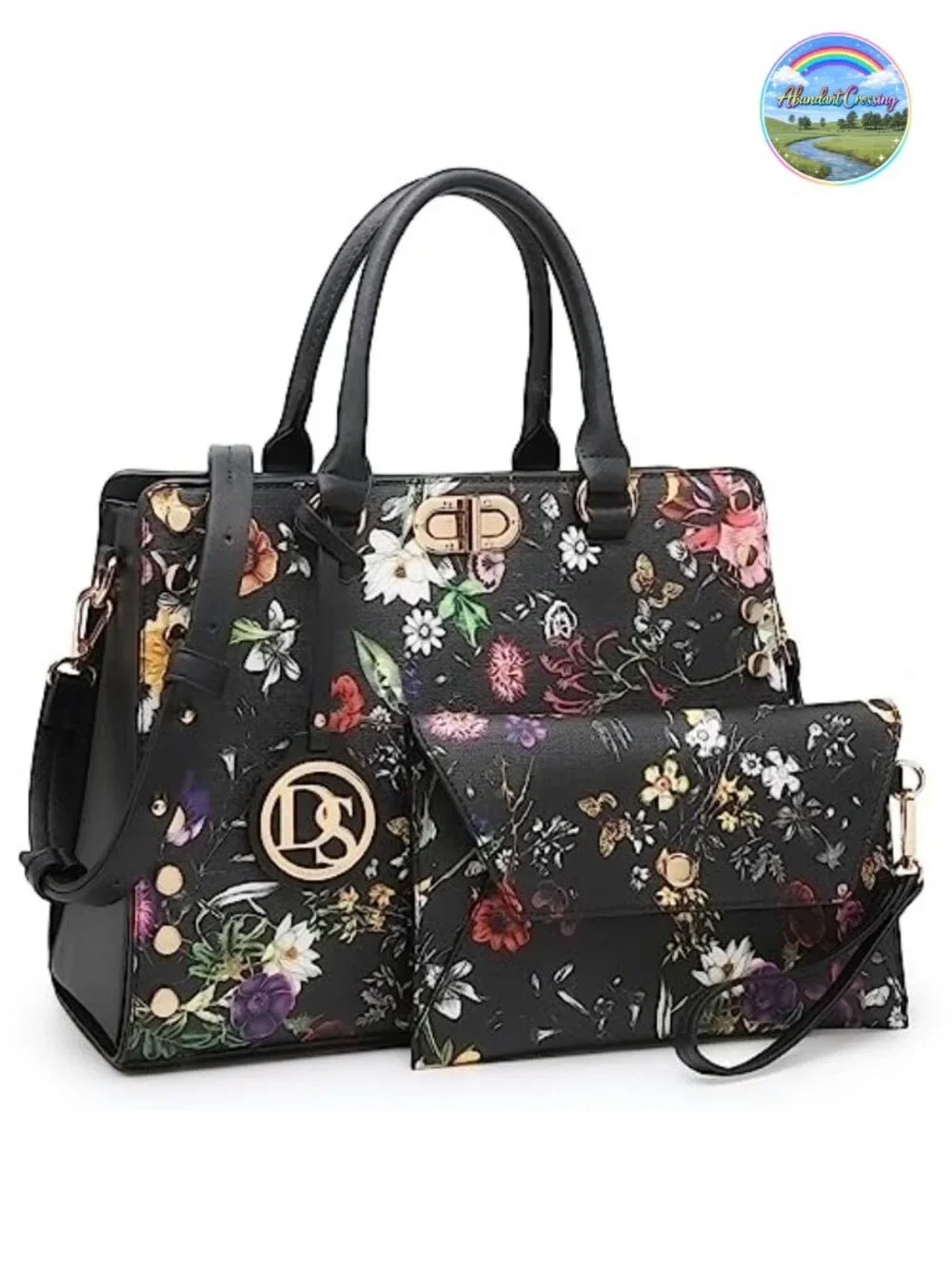 Vegan Leather Satchel Handbag with Matching Clutch 2pc Set Work Shoulder Bag